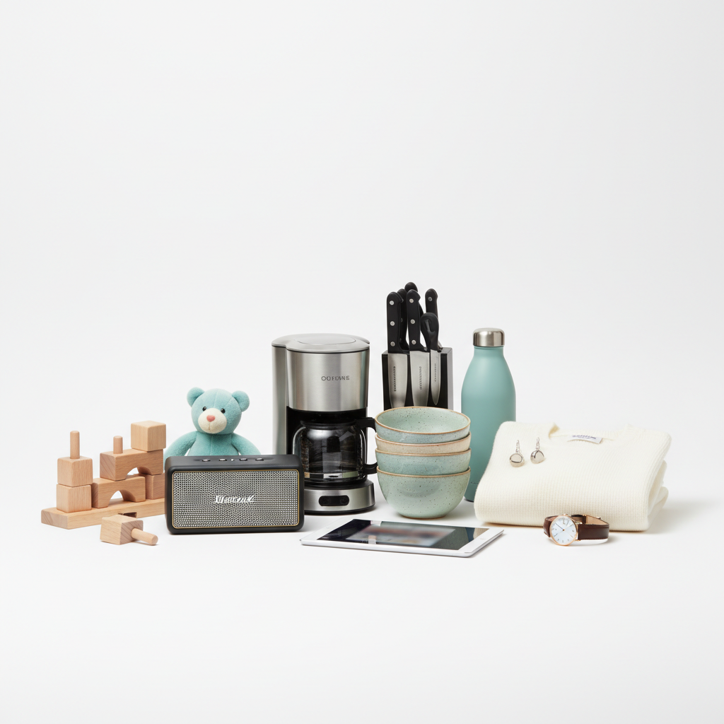 "Modern e-commerce lifestyle image, representing trust, quality, and variety, featuring stylish home products, kitchen essentials, toys, gadgets, and fashion items, clean and bright composition, soft studio lighting, minimal shadows, premium and welcoming feel, centered objects on white/light background, high resolution, square aspect ratio, no text, no logo, no watermark."
